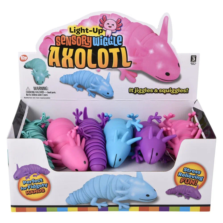Light-up wiggle sensory axolotl 7.5" 72 pcs bulk toy gifts 4 assorted colors inner display case.