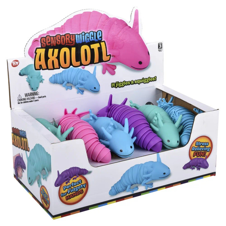 Wiggle sensory axolotl 7.5" 72 pcs bulk toy gifts 4 assorted colors inner display case angle.