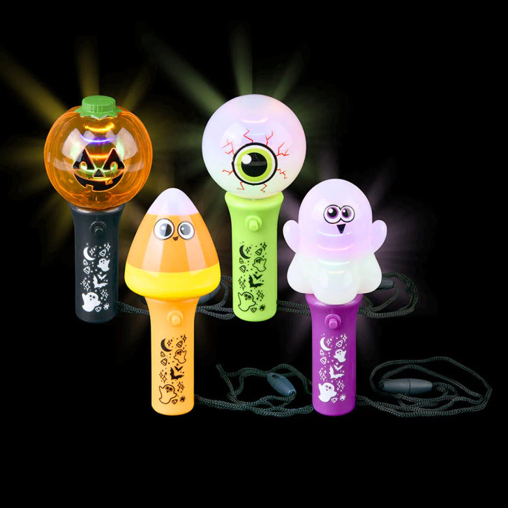 Halloween mini light up spinning wand necklace 4.5" 144 pcs bulk toy gifts 4 assorted styles lit main.