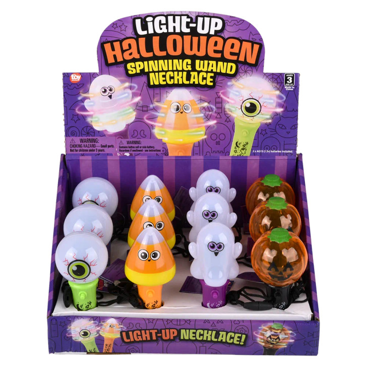Halloween mini light up spinning wand necklace 4.5" 144 pcs bulk toy gifts 4 assorted styles inner display case.
