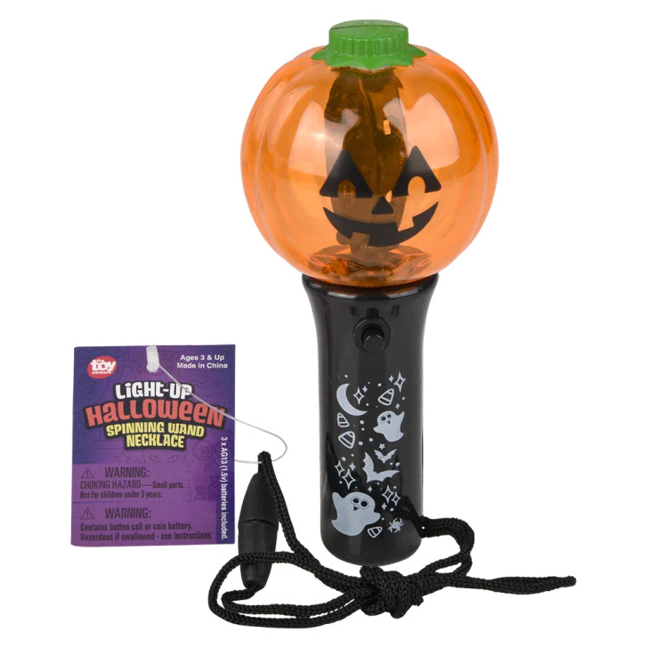 Halloween mini light up spinning wand necklace 4.5" 144 pcs bulk toy gifts 4 assorted styles jack o lantern.