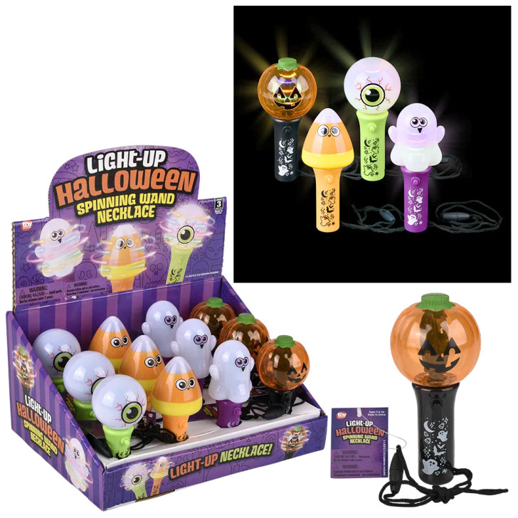 Halloween mini light up spinning wand necklace 4.5" 144 pcs bulk toy gifts 4 assorted styles lit and inner display case.