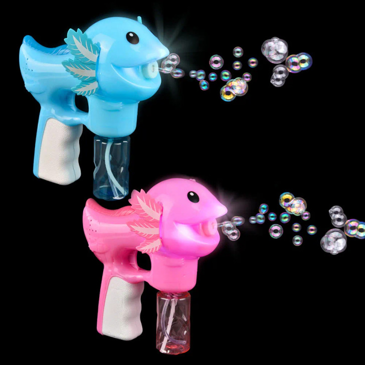 Light-up axolotl bubble blaster 7.25" 24 pcs bulk toy gifts 2 assorted colors lit with bubbles.