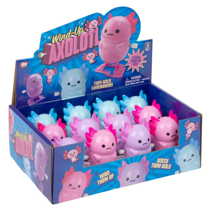 Wind-up axolotl 2.75" 144 pcs bulk toy gifts 3 assorted colors inner display case angle.