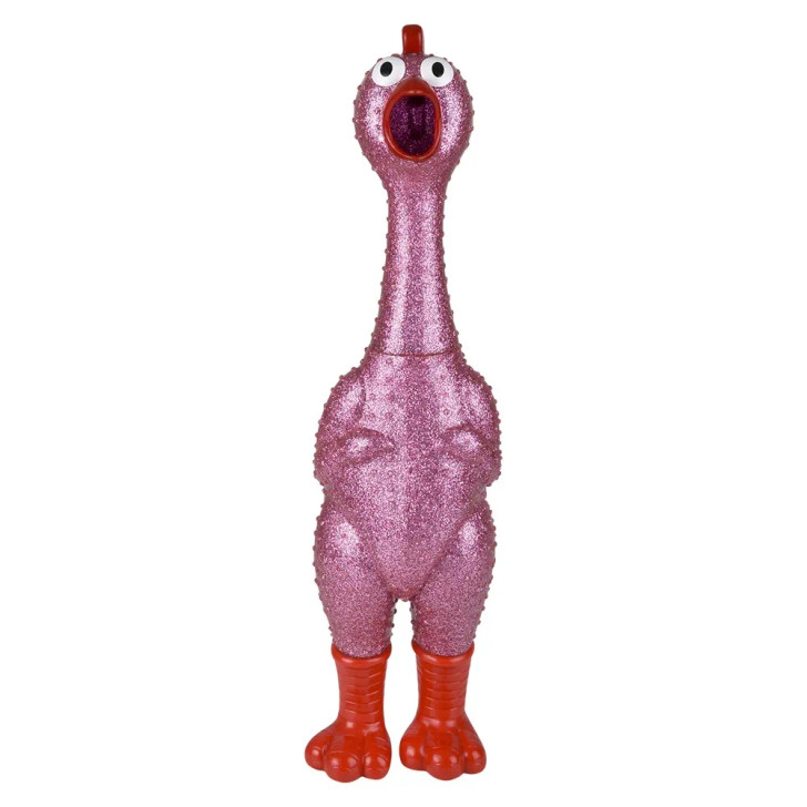Giant sparkle rubber chicken 24" 6 pcs bulk toy gifts pink front.