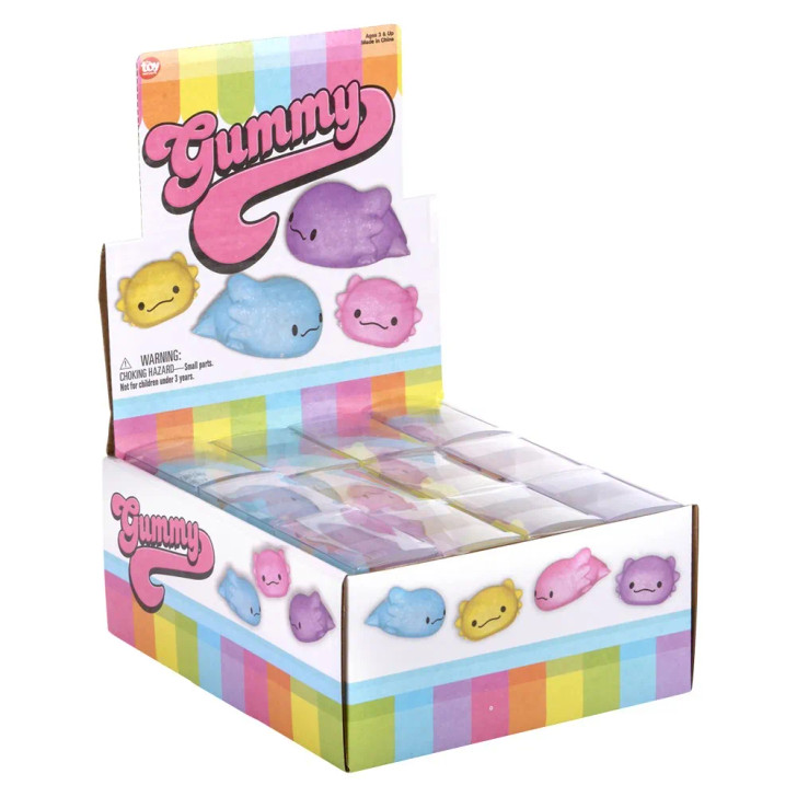 Gummy axolotl 1.5" 576 pcs bulk toy gifts inner display box angle.