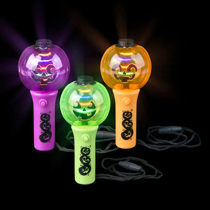 Jack o lantern light up spinning wand necklace 4.5" 144 pcs bulk toy gifts 3 assorted colors lit main.