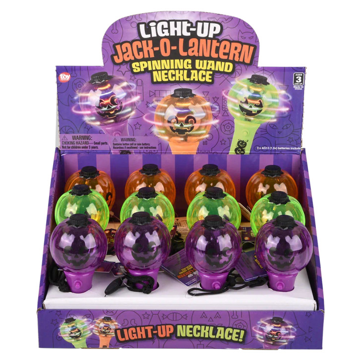 Jack o lantern light up spinning wand necklace 4.5" 144 pcs bulk toy gifts 3 assorted colors inner display case.