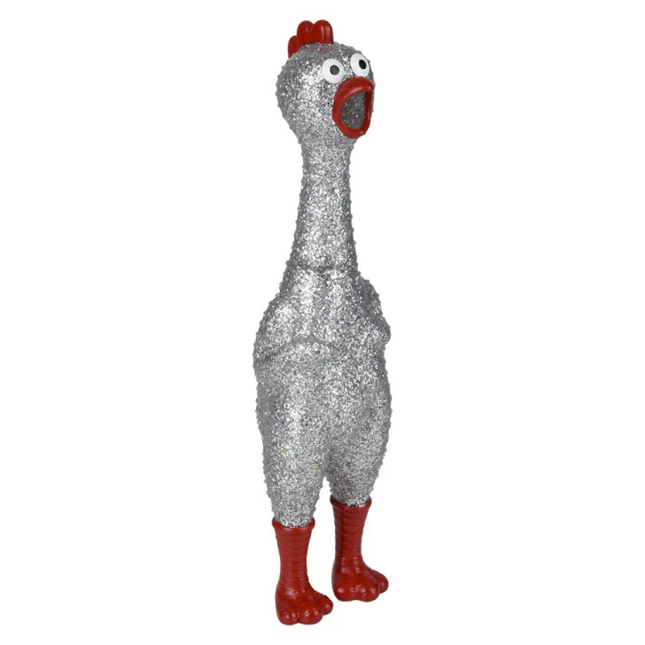 Sparkle rubber chicken 13.25" 48 pcs bulk toy gifts silver angle.