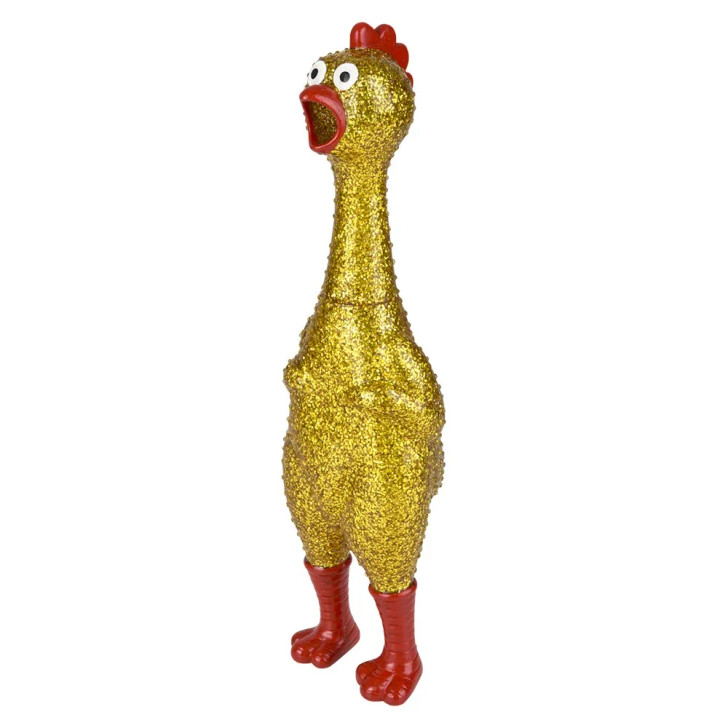 Sparkle rubber chicken 13.25" 48 pcs bulk toy gifts gold angle.