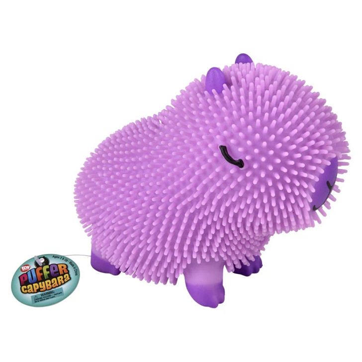 Capybara puffer assorted colors 6" 72 pcs bulk toy gifts purple with hang tag angle.