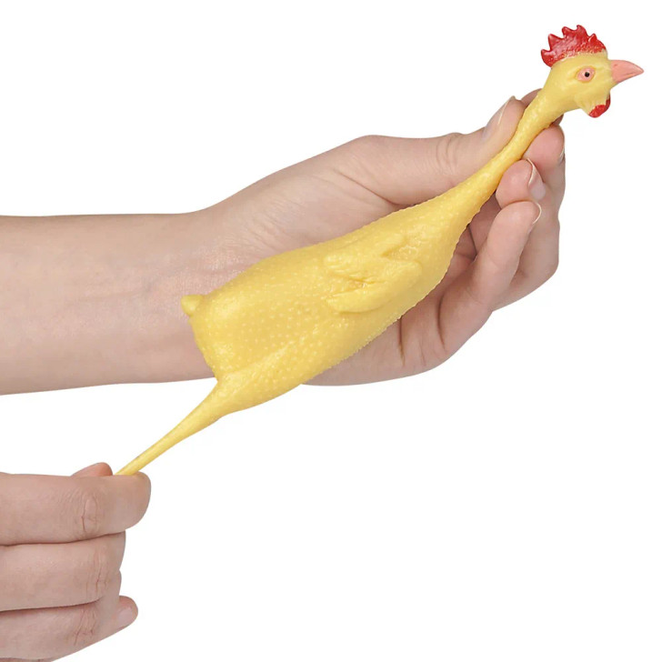 Rubber stretch chicken 8" 144 pcs bulk toy gifts in use.