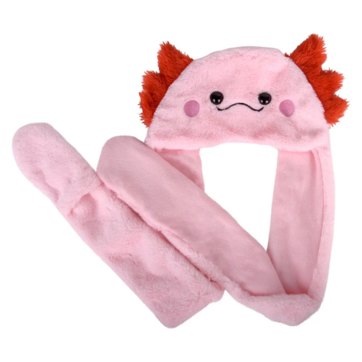 Axolotl plush hoodie scarf hat 35" pink 24 pcs bulk toy gifts close up.