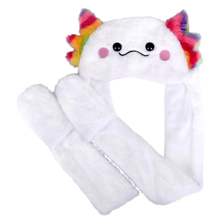 Axolotl plush hoodie scarf hat 35" white 24 pcs bulk toy gifts close up.