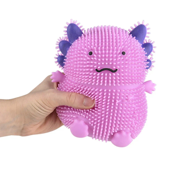 Axolotl puffer 6" 72 pcs bulk toy gifts purple in hand.