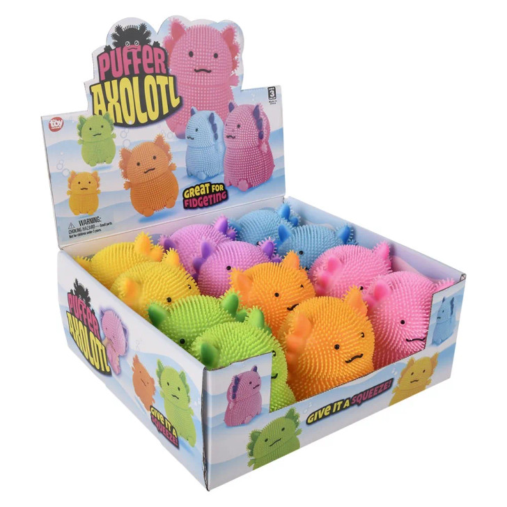 Axolotl puffer 6" 72 pcs bulk toy gifts inner display case angle.