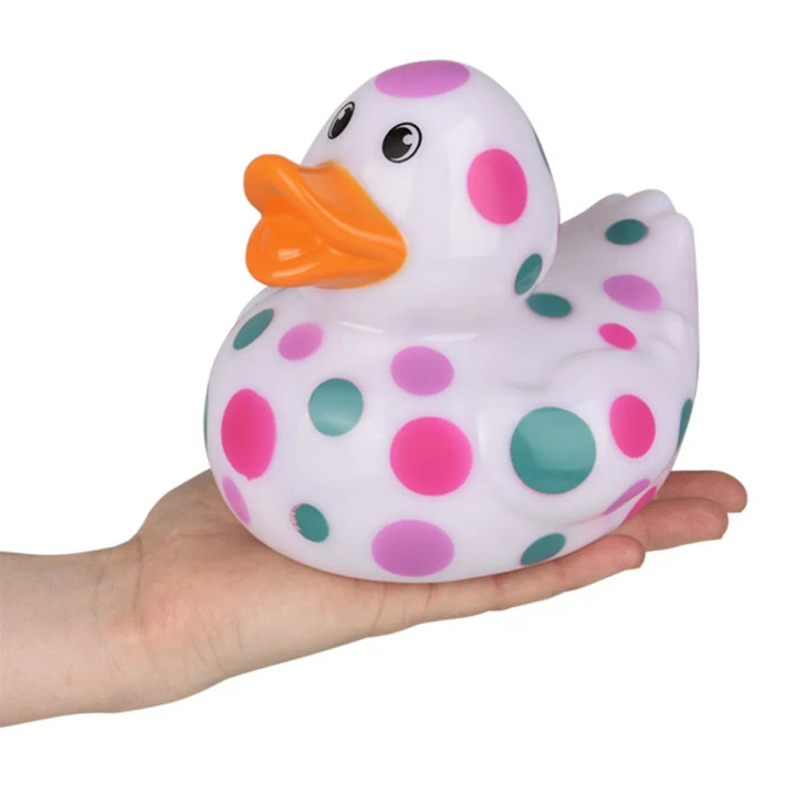 Rubber duckies polka dot jumbo 36 pieces bulk, 6”, 4 colors teal pink purple dots on white in hand.
