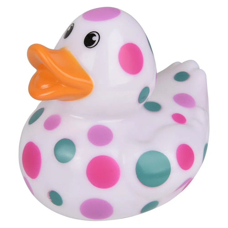 Rubber duckies polka dot jumbo 36 pieces bulk, 6”, 4 colors teal pink purple dots on white.