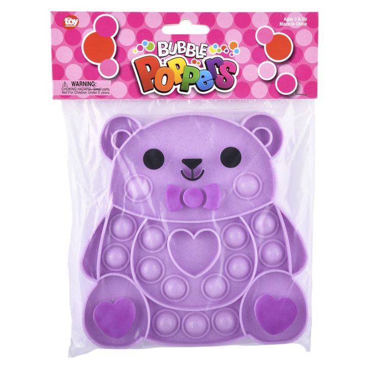 Valentine's glitter bear bubble popper fidget toy bulk 144 pieces 6.25 inch purple in packaging.