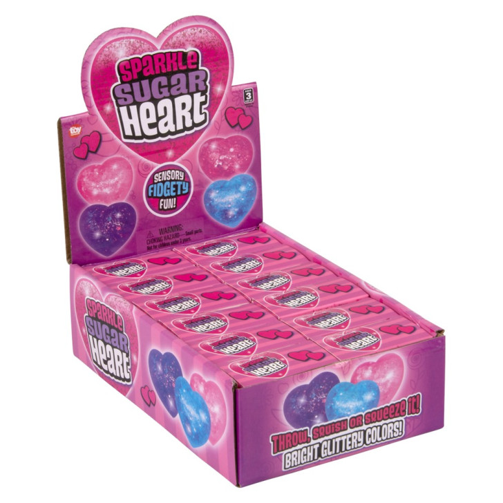 Squeezy sparkle sugar heart fidget toy bulk 72 pieces 2.5 inch 4 colors inner display angle.