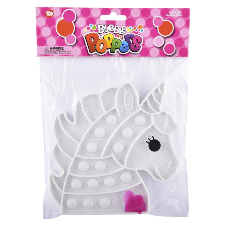 Valentine's unicorn bubble popper fidget toy bulk 144 pieces 6.5 inch four assorted colors white in packaging.