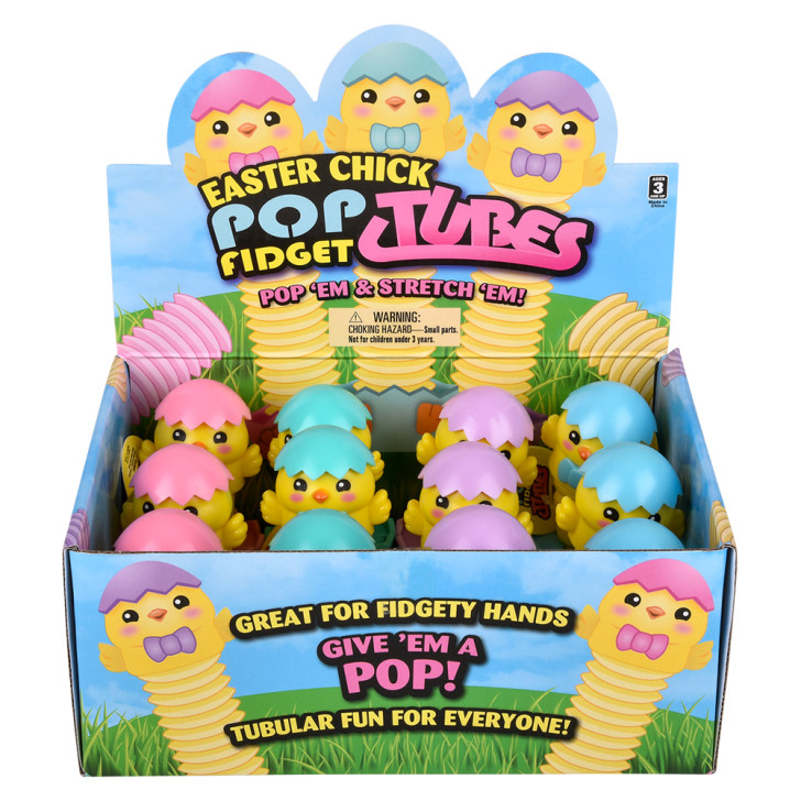 Easter chick fidget pop tube bulk 144 pieces 7 inch 4 colors box front