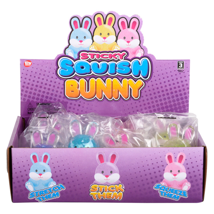 Squish sticky glitter Easter bunny bulk 144 pieces 2.5 inch 4 colors box front