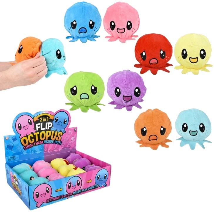 Reversible Plush Octopus Toys - 4 Inch - Case of 72