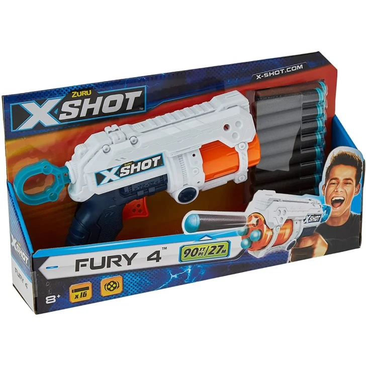 ZURU X Shot Fury 4 - Foam Dart Blaster with 16 Darts - 6-Pack Bulk
