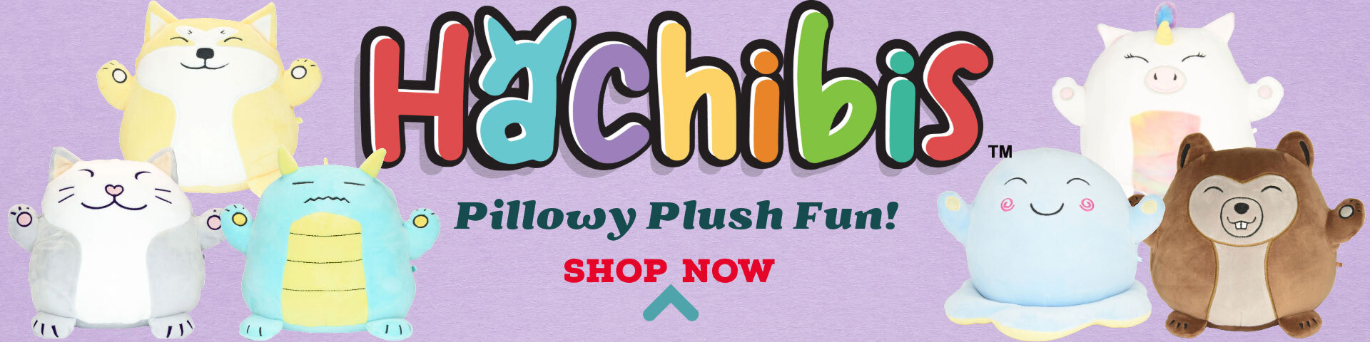Hachibis® 8-inch variety plush pack featuring Dragon, Shiba Inu, Cat, Octopus, Beaver, and Unicorn