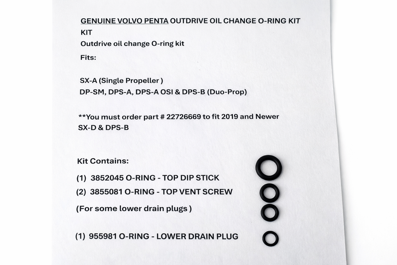 $14.99* GENUINE VOLVO OUTDRIVE OIL CHANGE O-RING KIT  *You must order part # 22726669 (see below) to fit 2019 and Newer SX-D & DPS-B
