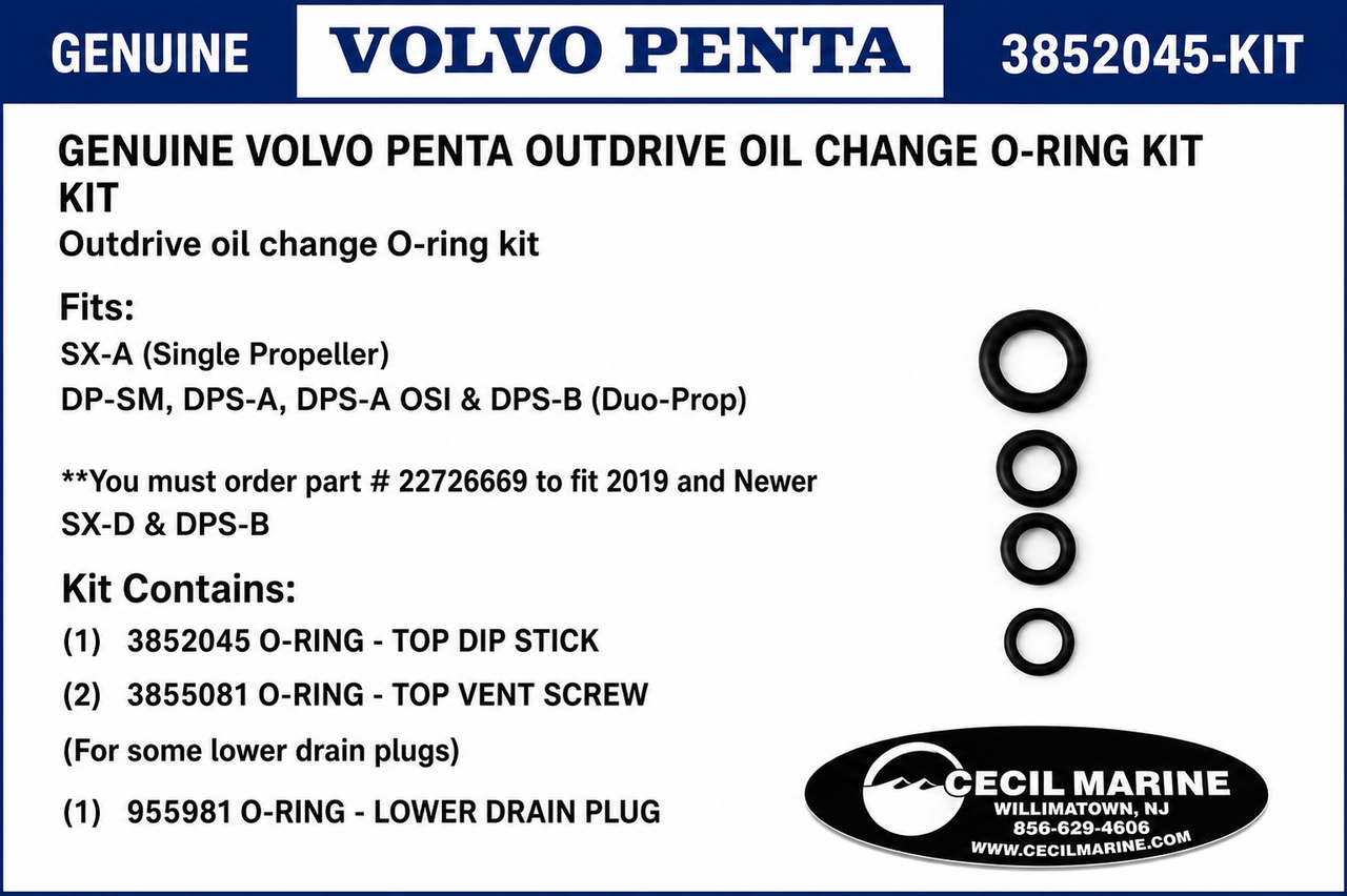 $14.99* GENUINE VOLVO OUTDRIVE OIL CHANGE O-RING KIT  *You must order part # 22726669 (see below) to fit 2019 and Newer SX-D & DPS-B