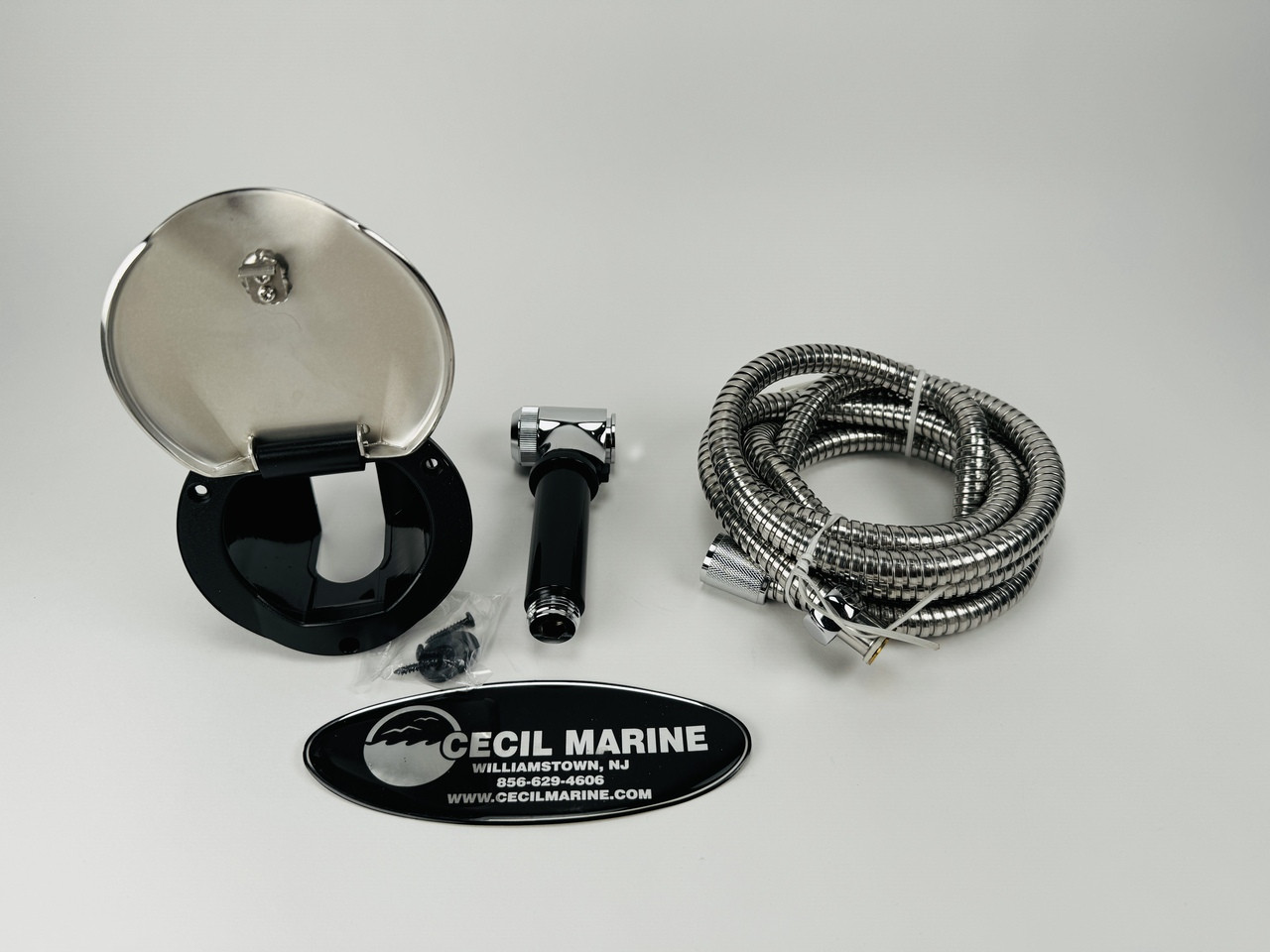 STAINLESS STEEL TRANSOM SHOWER WITH 8' SS HOSE &  BRASS HEAD *In Stock & Ready To Ship!
