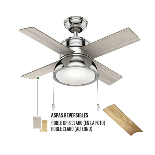 Ventilador de Techo HUNTER Loki NICKEL PULIDO  Con Luz 8W LED 46"  plafón de vidrio blanco Incluye 2 tubos de extensión de 4 y 2 Motor reversible WhisperWind® CFM (en velocidad alta): 5,562