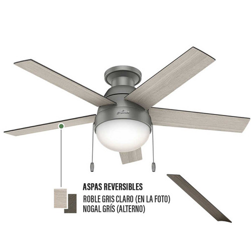 Ventilador de Techo HUNTER Anslee PLATA MATE  Con Luz 9W 46 5 Aspas Cadena para ajuste de velocidades Motor WhisperWind reversibles CFM | 59270