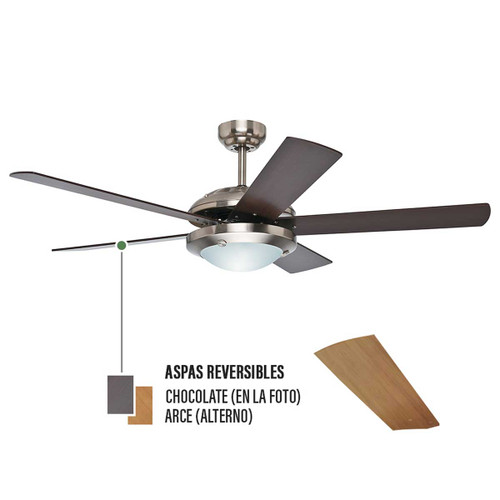 Ventilador de Techo HUNTER Solaris con Luz 52 NICKEL CEPILLADO 5 aspas Cadena para ajuste de velocidades. Motor WhisperWind | 21767