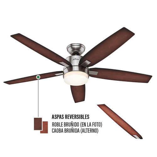 Ventilador de Techo HUNTER Windemere NICKEL CEPILLADO con Luz 54" 5 Aspas Control remoto universal  Motor WhisperWind® reversibles CFM (en velocidad alta): 5,585 Velocidad el Aire: 4.88 MPH / 7.85 KM (59039)