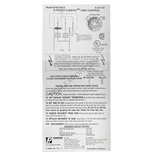 TIMER DESHIELO ELECTROMECANICO PARAGON 120V AC A-357-20 D81-8145-00EX (D81-8145-00EX-RS)