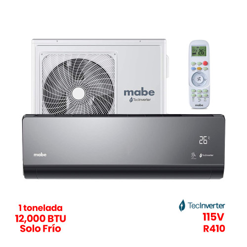 MINISPLIT INVERTER 1 TON 115V  SOLO FRIO BLANCO MABE 20 SEER 6 AÑOS COMPRESOR MABE TURBO ANTIHUMEDAD, LIBERACION DE IONES , TUBERIA COBRE  ANTOCORROSIVA  R410 (MMI12CAMCAME9)