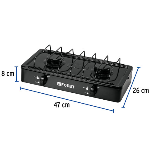Parrilla de gas de sobreponer 2 quemadores, negra, Foset 48146 (PAGA-2N)