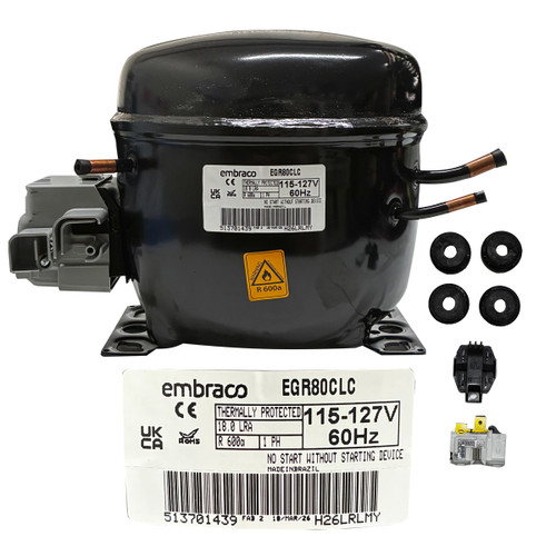 COMPRESOR 1/4+ EMBRACO BAJA/MEDIA PRESION DE RETORNO R600 115/127v 60Hz BAJO CONSUMO (EGR80CLP)