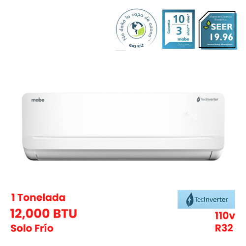 MINISPLIT INVERTER 1 TON SOLO FRIO 110V MABE GAS R32 BLANCO 10 AÑOS GARANTIA COMPRESOR 3 AÑOS COMPON (MMI12CABWCAX32ME2)