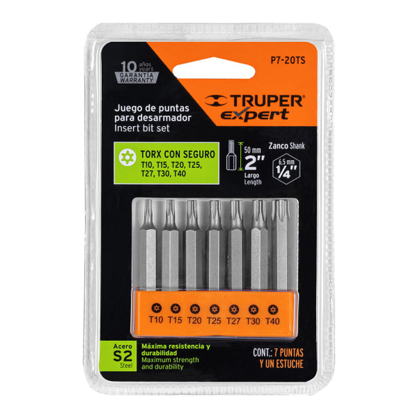Juego de 7 puntas torx combinadas c/seguro largo 2", Expert.