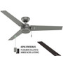 Ventilador de Techo HUNTER Cassius PLATA MATE  52" 3 Aspas Cadena para ajuste de velocidades Motor WhisperWind® reversibles tubos de extensión de 3 y 5 pulgada CFM (en velocidad alta):4,397 CFM  4.4 (59262)