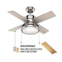Ventilador de Techo HUNTER Loki NICKEL PULIDO  Con Luz 8W LED 46"  plafón de vidrio blanco Incluye 2 tubos de extensión de 4 y 2 Motor reversible WhisperWind® CFM (en velocidad alta): 5,562 (59386)