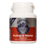 Dorwest Scullcap & Valerian tablets, white plastic bottle red label, treat anxiety in dogs.