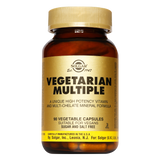 Solgar Vegetarian Multiple, brown glass bottle with gold label, contains all the essential vitamins for vegetarians and non-vegetarians.