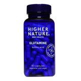 Higher Nature Glutamine Capsules, blue plastic bottle 90 capsules, soothe the digestive system