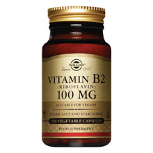 Solgar Vitamin B2 100 mg x 100 capsules, brown glass bottle gold label, benefits healthy skin & nerves.