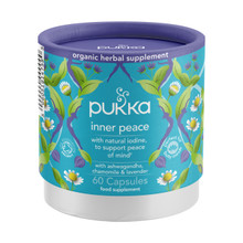 Pukka Inner Peace 60 capsules, blue cardboard container, contain calming herbs to relax the mind & body.